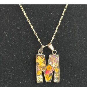 Sterling Silver Initial M Necklace With Pressed Flowers Pendant Monogram Gift